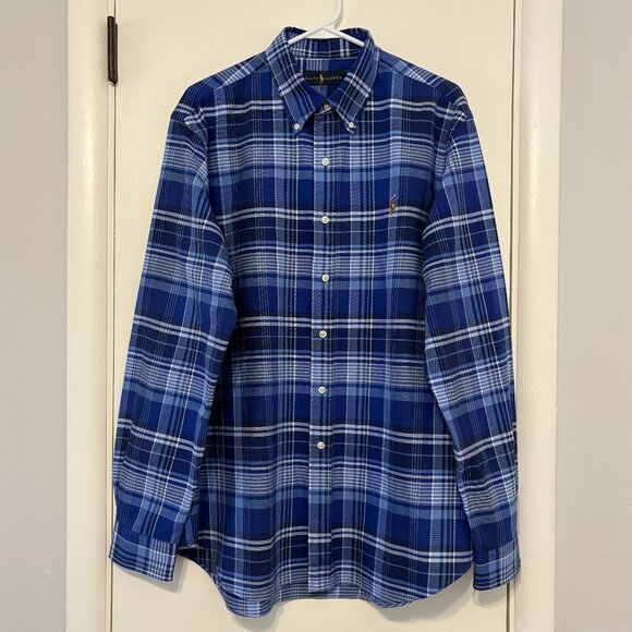 Ralph Lauren Polo Men's Classic Blue Plaid Button-Down Oxford Shirt XL Logo - Picture 1 of 10